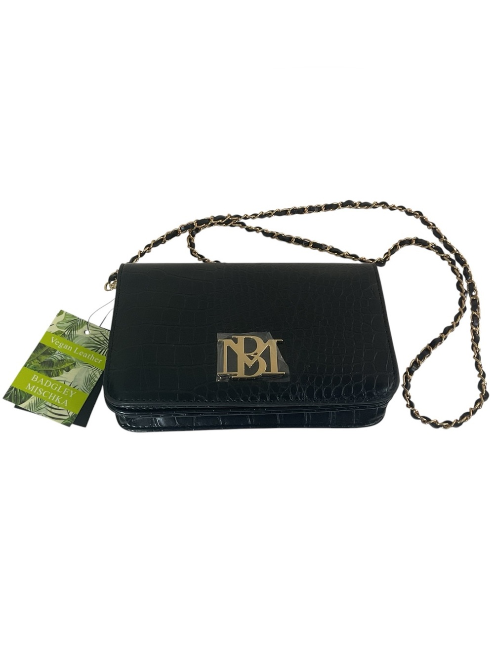 Badgley Mischka BM-4173 Black Croco Crossbody With Logo Plate Vegan Leather Bag - Picture 7 of 16